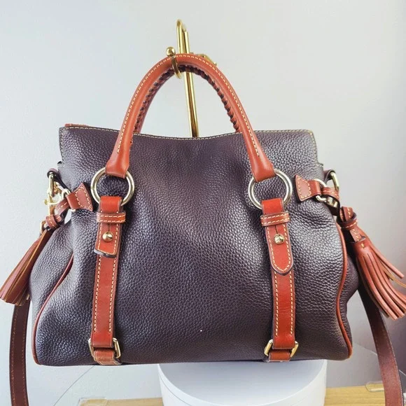 Dooney & Bourke Pebbled Leather Satchel Brown Ginger Braided Handle Tassel Bag - Picture 2 of 16